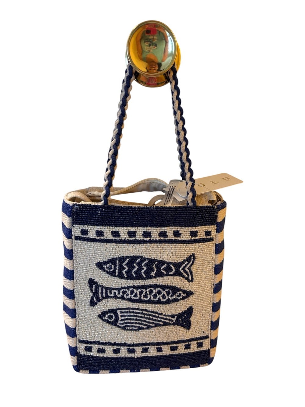 Lulu's Navy & White Beaded & Canvas  Crossbody with 3 Fish Nautical Theme NWT